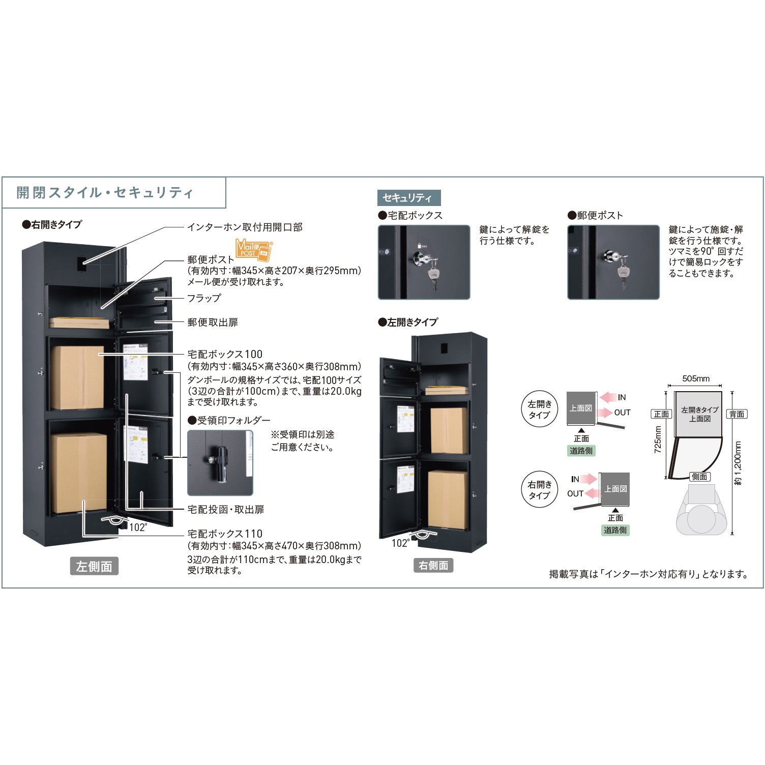 YKKAP ポスティモα3 C型 宅配ボックス取付用機能ポール本体 + ポスティモ宅配ボックス1型 + ポストN1型 インターホン加工なし 照明付きカームブラック 『門柱 ポスト一体型 宅配ボックス 大容量 一戸建て用 後付け ネームシール付き』