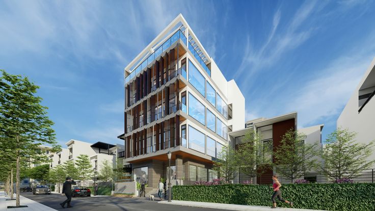 木目格子とグリーンのオフィスビル建築パース・CGパース制作 パースメイト