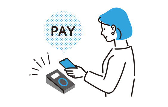 キャッシュレス スマホ決済 スマホをもつ女性のイラスト - 商用利用可能な写真素材・イラスト素材ならストックフォトの定額制ペイレスイメージズ