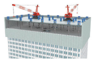 青空を背景に屋上ビル建設現場のタワー建設クレーンPremium写真