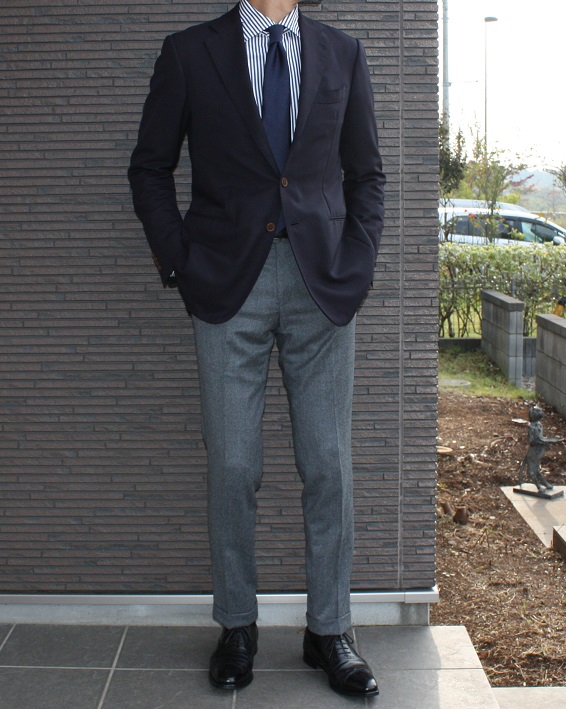 オリジナル ビジネスネイビーロンドンストライプシャツ・レディースオーダースーツのビッグヴィジョン