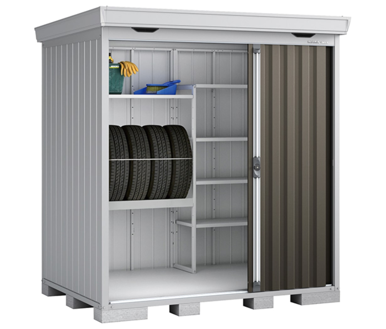 CAINZの「静かに開閉できるアルミ収納ベンチ」屋外用 カインズ