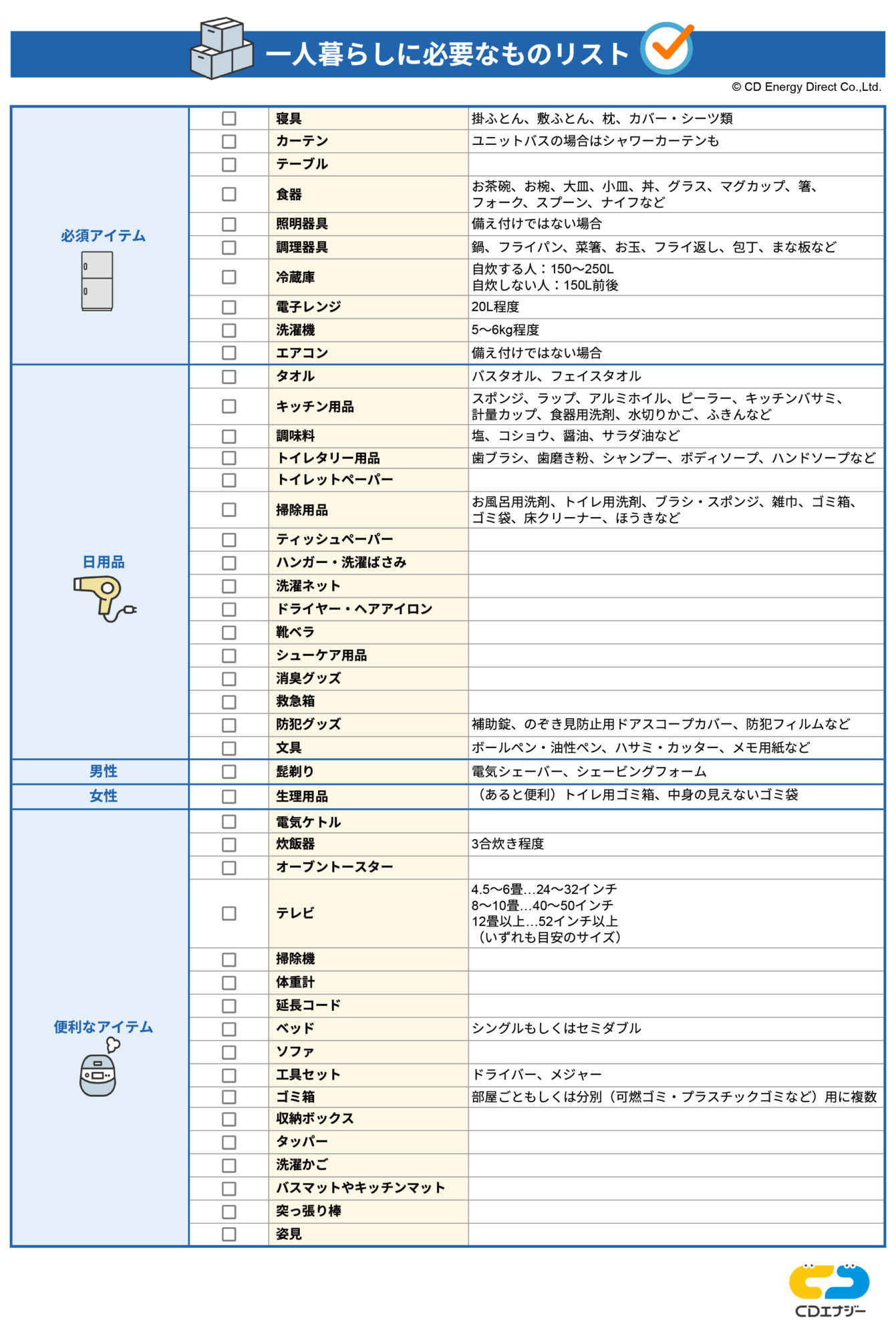 初めての一人暮らしに必要なものチェックリスト:Excel雛形が2枚 - フリー雛形