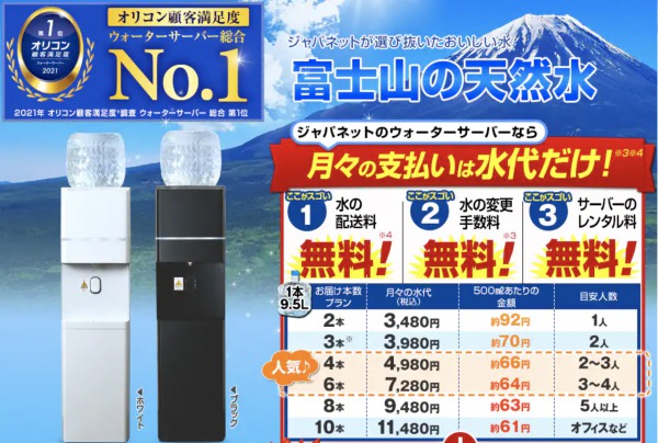 ジャパネットウォーター 富士山の天然水の評判・口コミウォーターサーバ