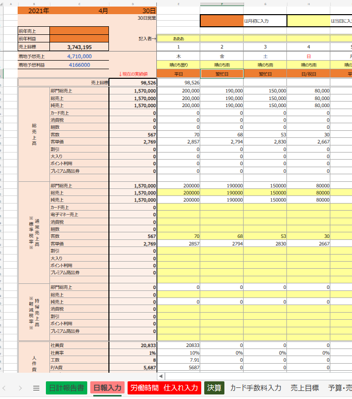 日別、月別売上管理表のテンプレートをエクセルなどで無料ダウンロード！飲食店でも簡単利用！「PDF・ワード・登録不要」テンプレボール
