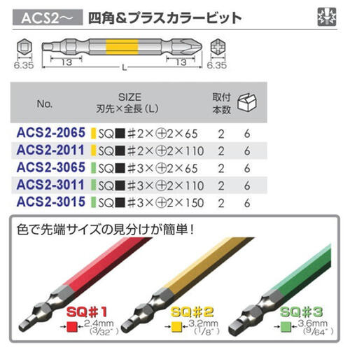四角カラービット 5本組 □3×65ANEXブランドのドライバー・工具メーカー アネックスツール 株