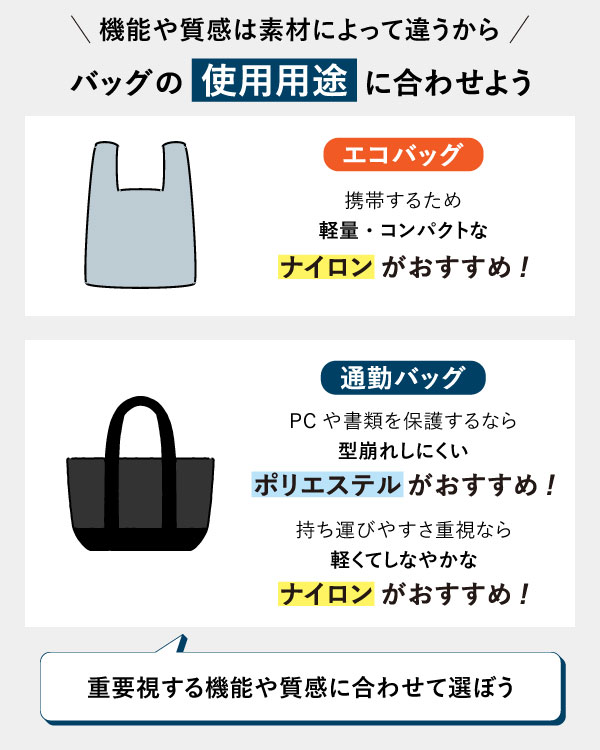 ナイロンとポリエステルの違いって何？素材の特徴やお手入れ方法まで詳しく解説トートバッグ工房販促・ノベルティ用のエコバッグ専門店