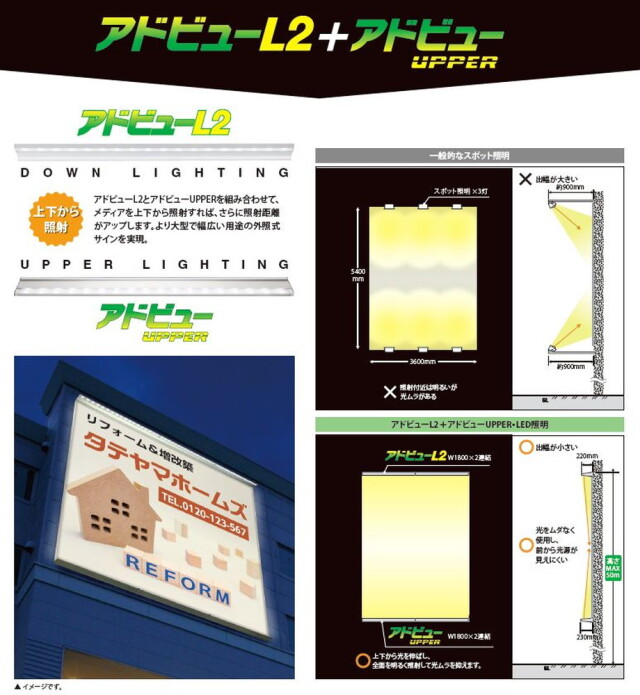 POLLUX4-900L-30K-BK看板照明用LED外照灯 三和サインワークス <ポラックス4> ブラックフレームL型 壁面直付けタイプ900L 出幅:163mm 看板高さ目安:1800mmまで 電球色 3000KAC100~240V 消費電力:12W防滴特性:IPx4代引不可・直送のみud看板電材