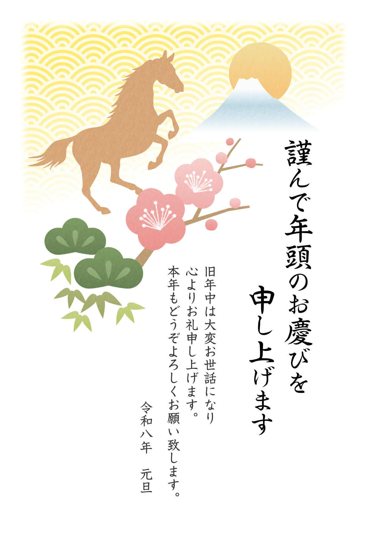 ビジネス年賀状 和風・縦型・令和7年 2025年 版の年賀状の無料テンプレートです。一般的な書式フォーマットに令和7年