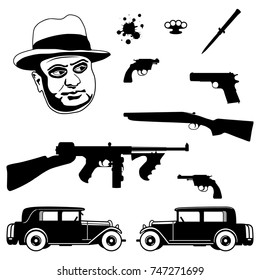 ギャング スター・イタリアのマフィアセット。1920年から1930年の犯罪に関連した武器のアイコン。マフィアのボス、真鍮のナックル、スティレットナイフ、リボルバ、ピストル、散弾 銃、副機関銃、車を切り取った。フラットデザイン。」のベクター画像素材 ロイヤリティ