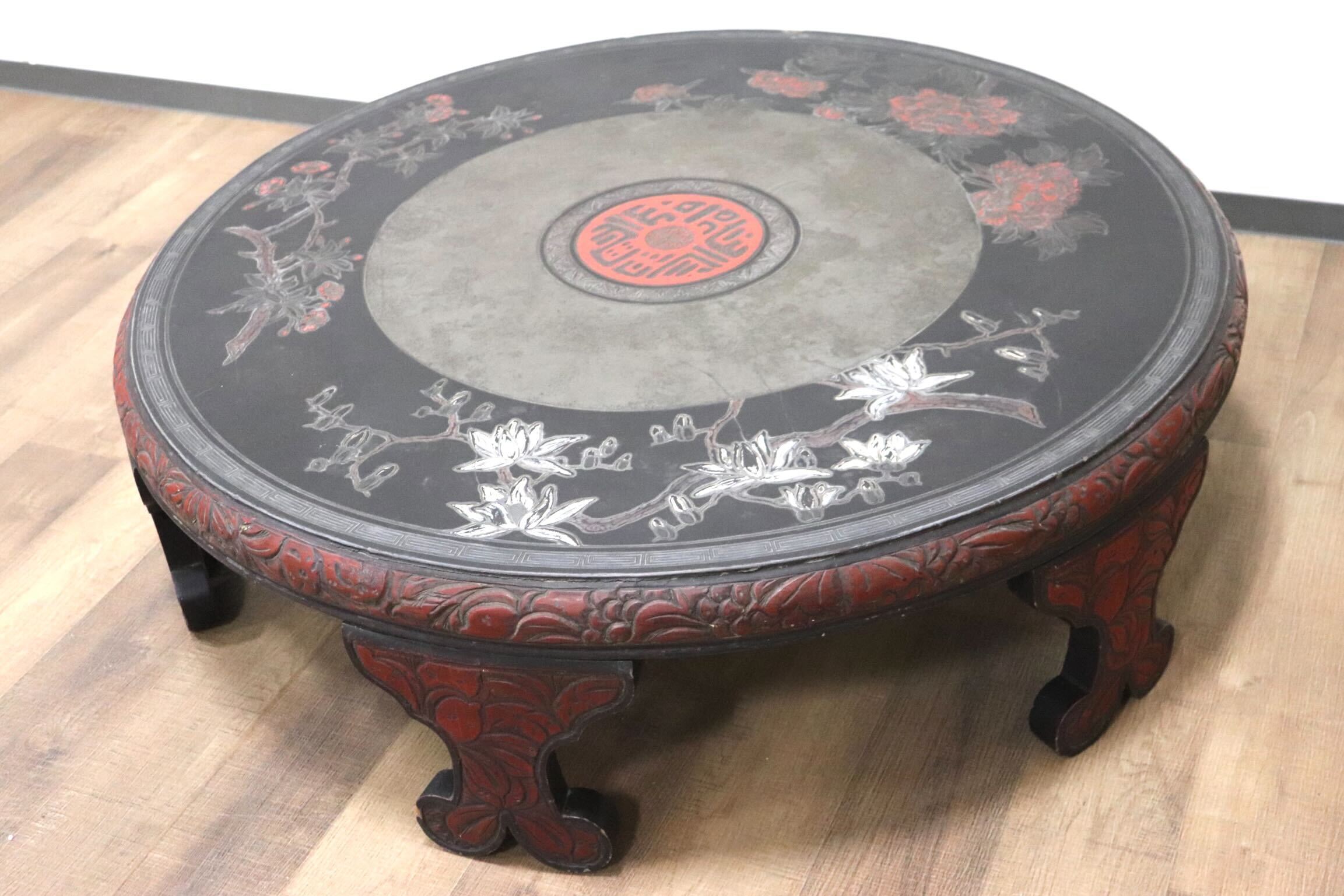 GMGH455○中華様式 座卓 ローテーブル リビングテーブル ラウンドテーブル ちゃぶ台 丸テーブル 彫刻 アンティーク 古道具 レトロ