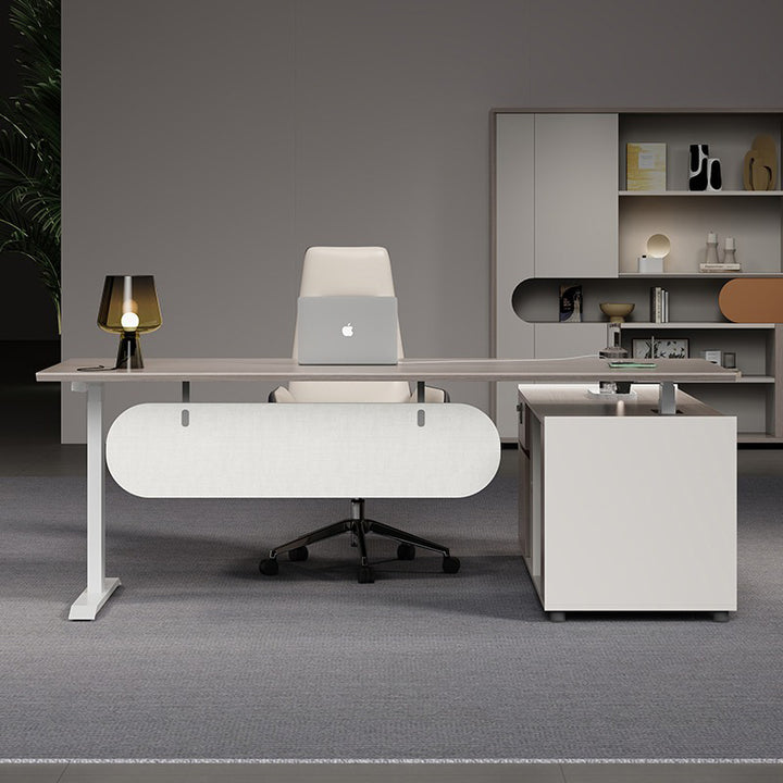 エグゼクティブデスク,オフィスデスク,社長机,パソコンデスク,社長 室,事務用,大容量,サイドキャビネット付き,幕板付き,錠付き,排気口付き,頑丈,R角加工,L字型,広い天板,高荷重性,カスタマイズ可能,おしゃれ,ホワイト– Prokagu